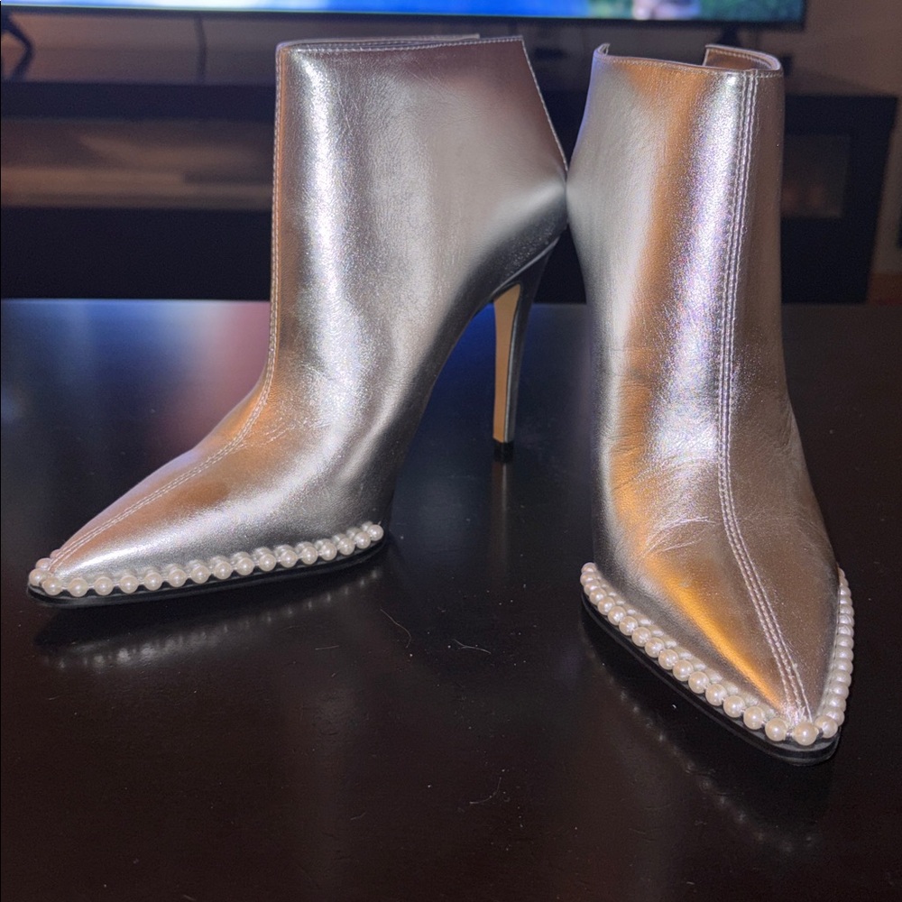 Pointed Pearl-Trim Ankle Boots - Metallic Silver